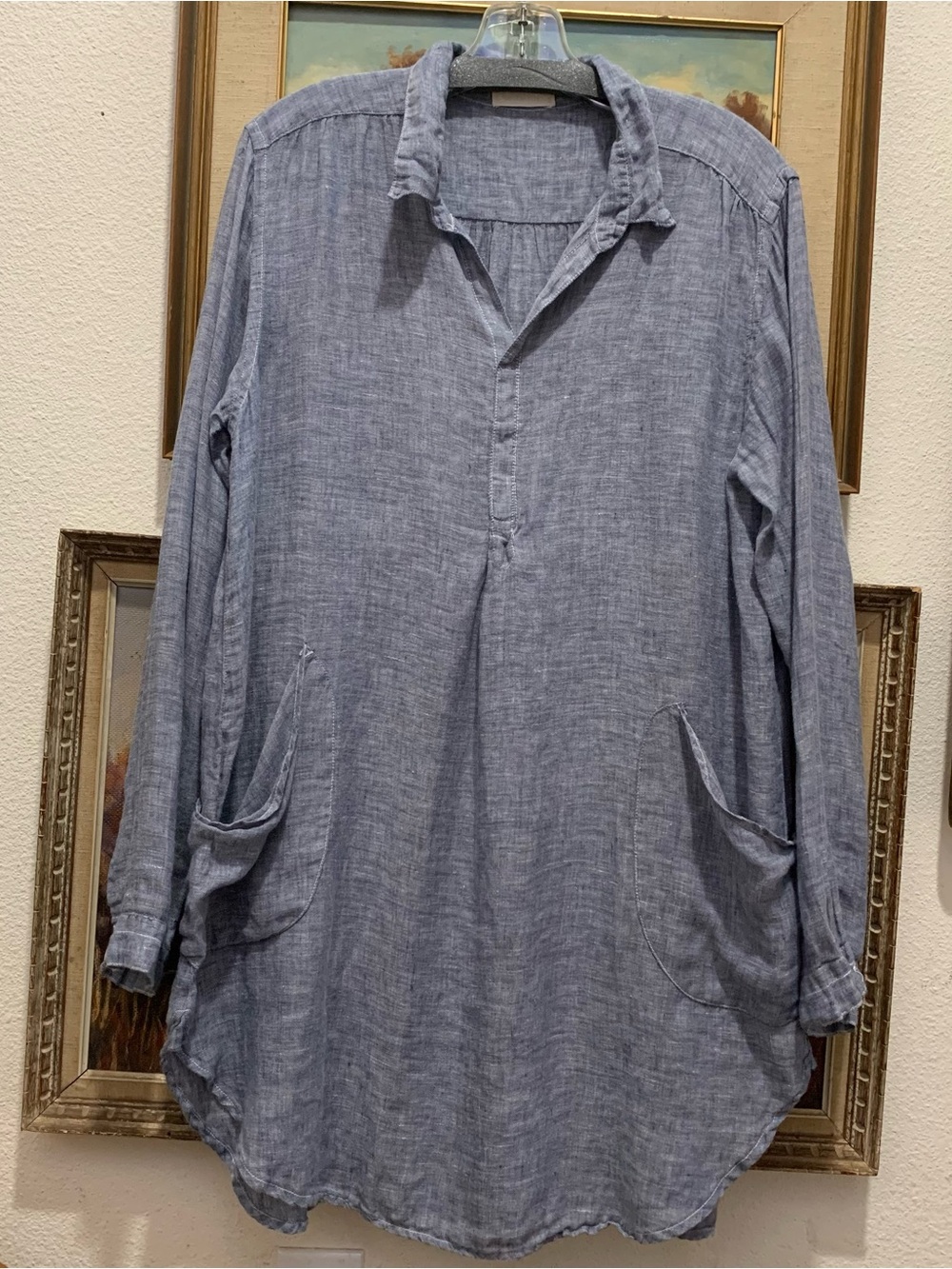 CP Shades Chambray Long Sleeve Linen Tunic Top - Blue